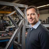 Metallbau-Unternehmer in seiner Werkhalle in Wohlen neben einer bearbeiteten Stahlkonstruktion