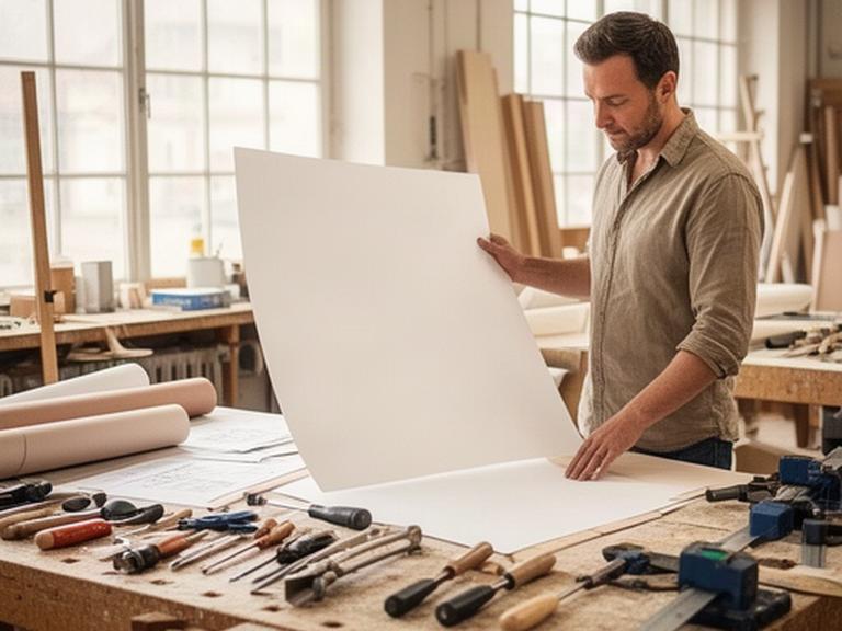 Handwerksmeister mit Bauplan und Werkzeugen an einer Werkbank in einer hellen Aargauer Werkstatt